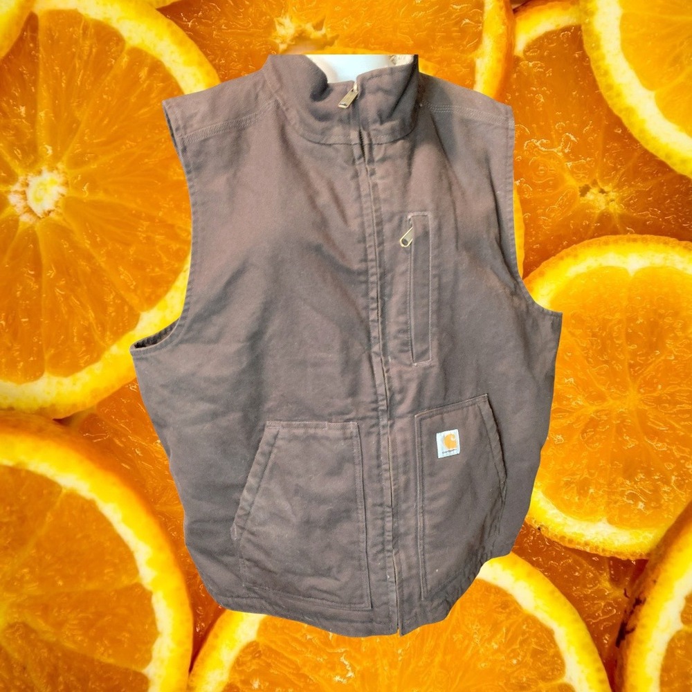 Carhartt Mens XL Loose Fit Sherpa Lined Mock Neck Vest Brown Duck Canvas